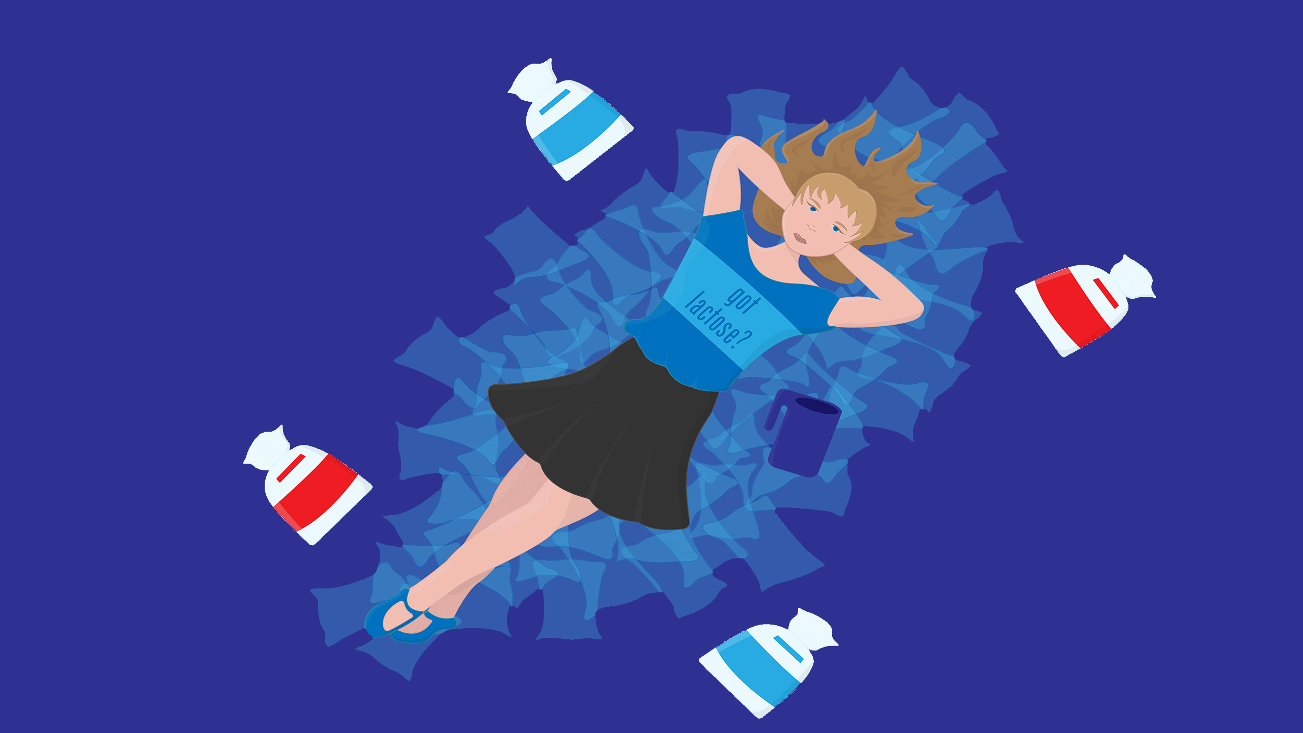 A student lying in a big pile of milk bags,
