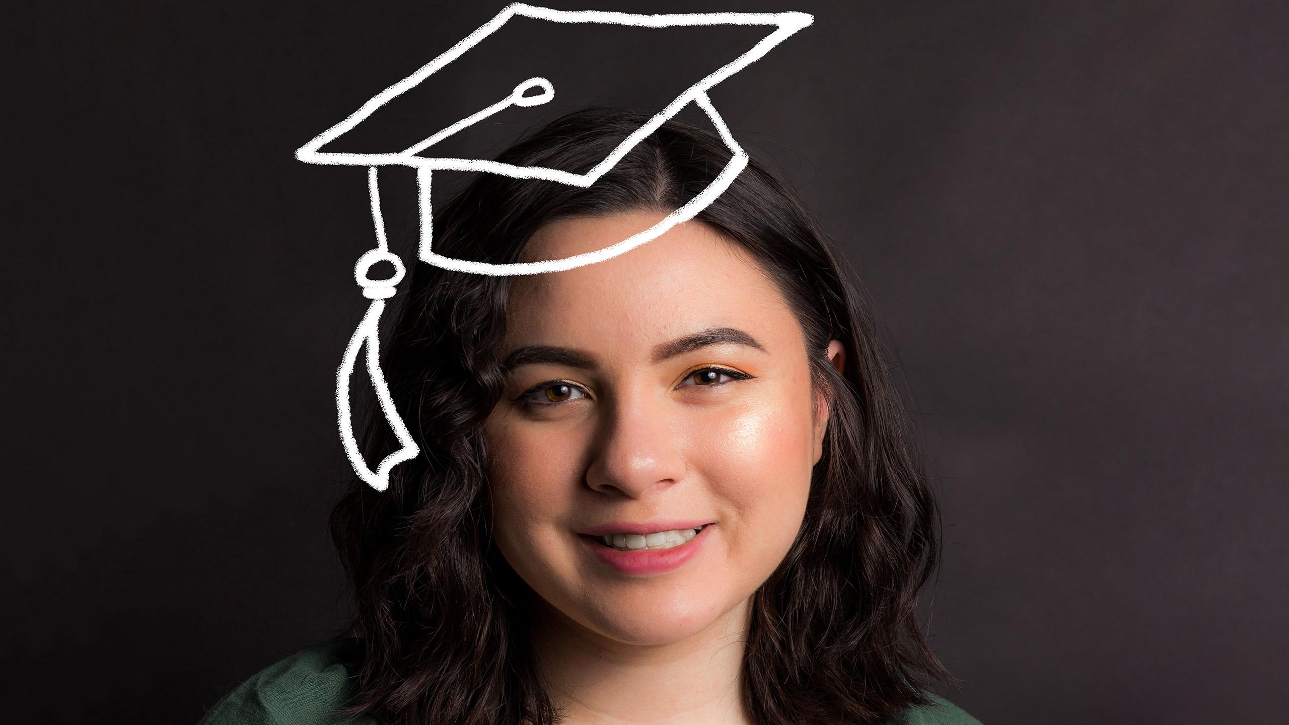 A young woman with a light complexion and dark, medium length-hair smiles at the camera. A graduation cap has been drawn over the photo on top of her head.