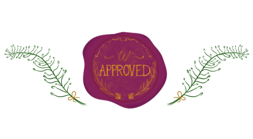 An illustration of a deep purple wax seal with the word approval written on it in gold. The deal is surrounded by two green ferns on either side.