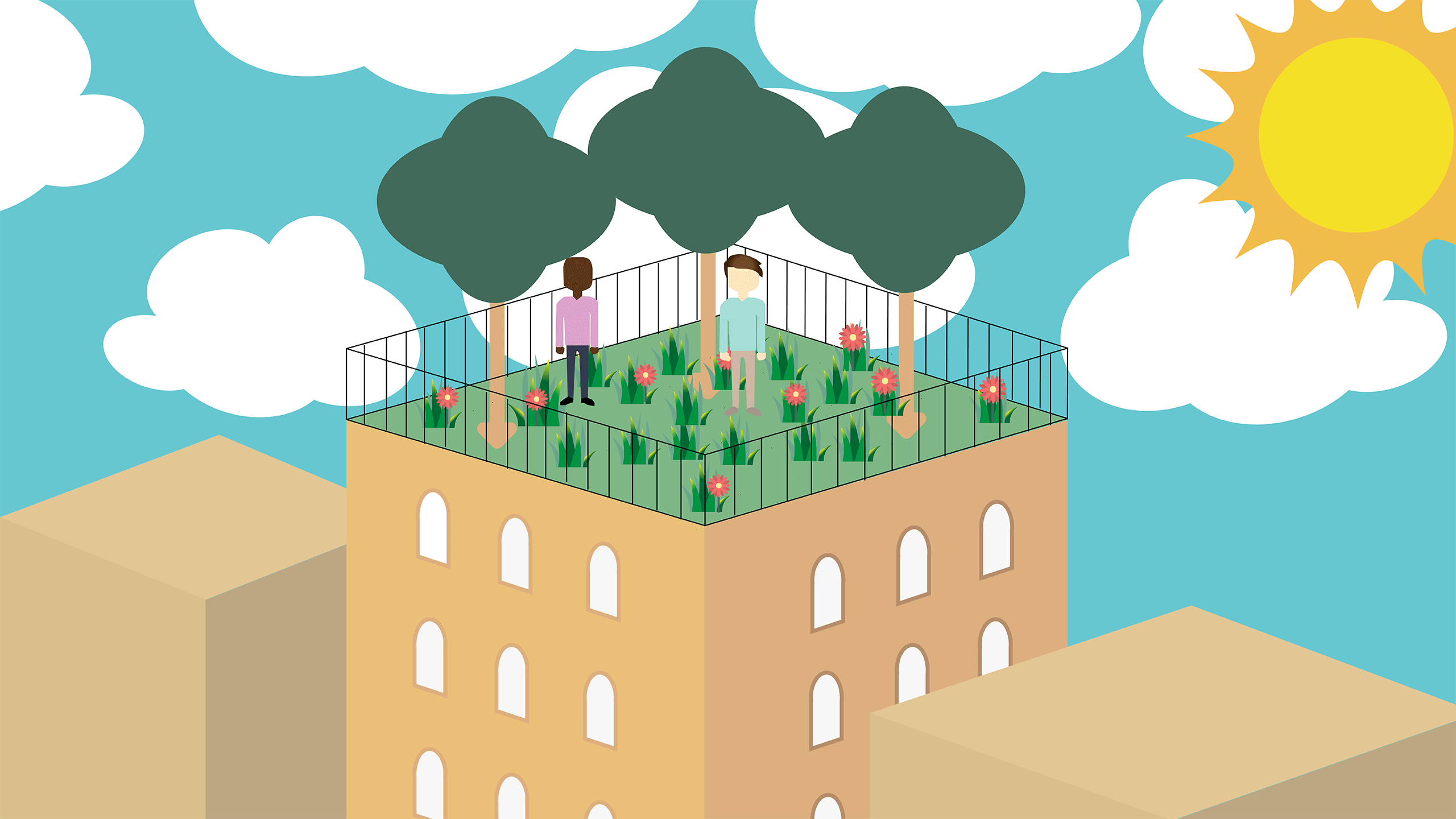 Illustration of a rooftop with plants, vegetation and people on top.
