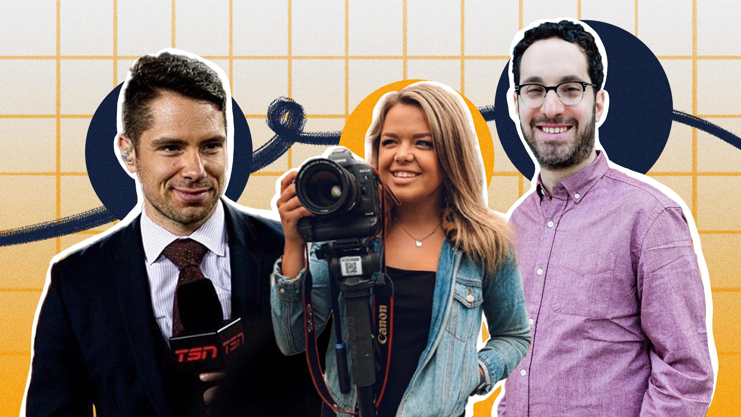 A collage of a man in a suit holding a TSN microphone, a woman smiling holding a DSLR, and another man smiling.