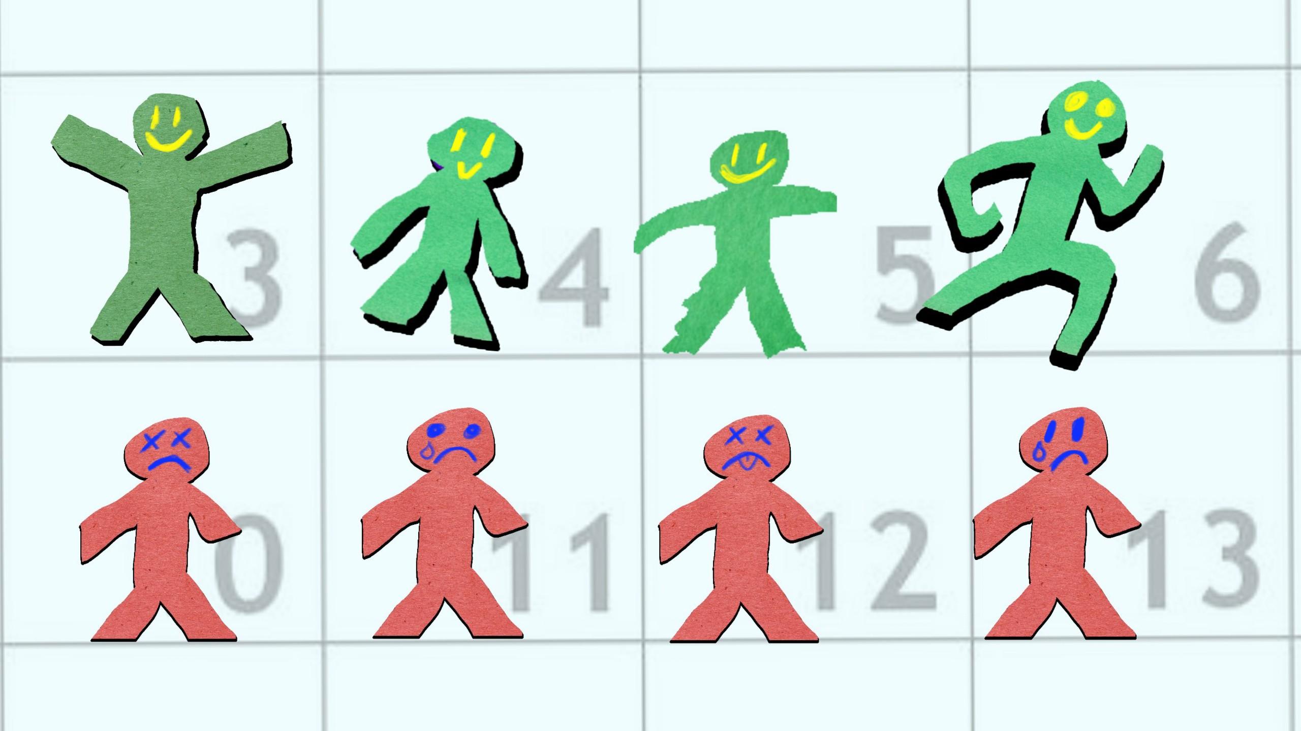 Two rows of stick people on top of a calendar. The top row of stick people are green and smiling; the bottom row are red and frowning.