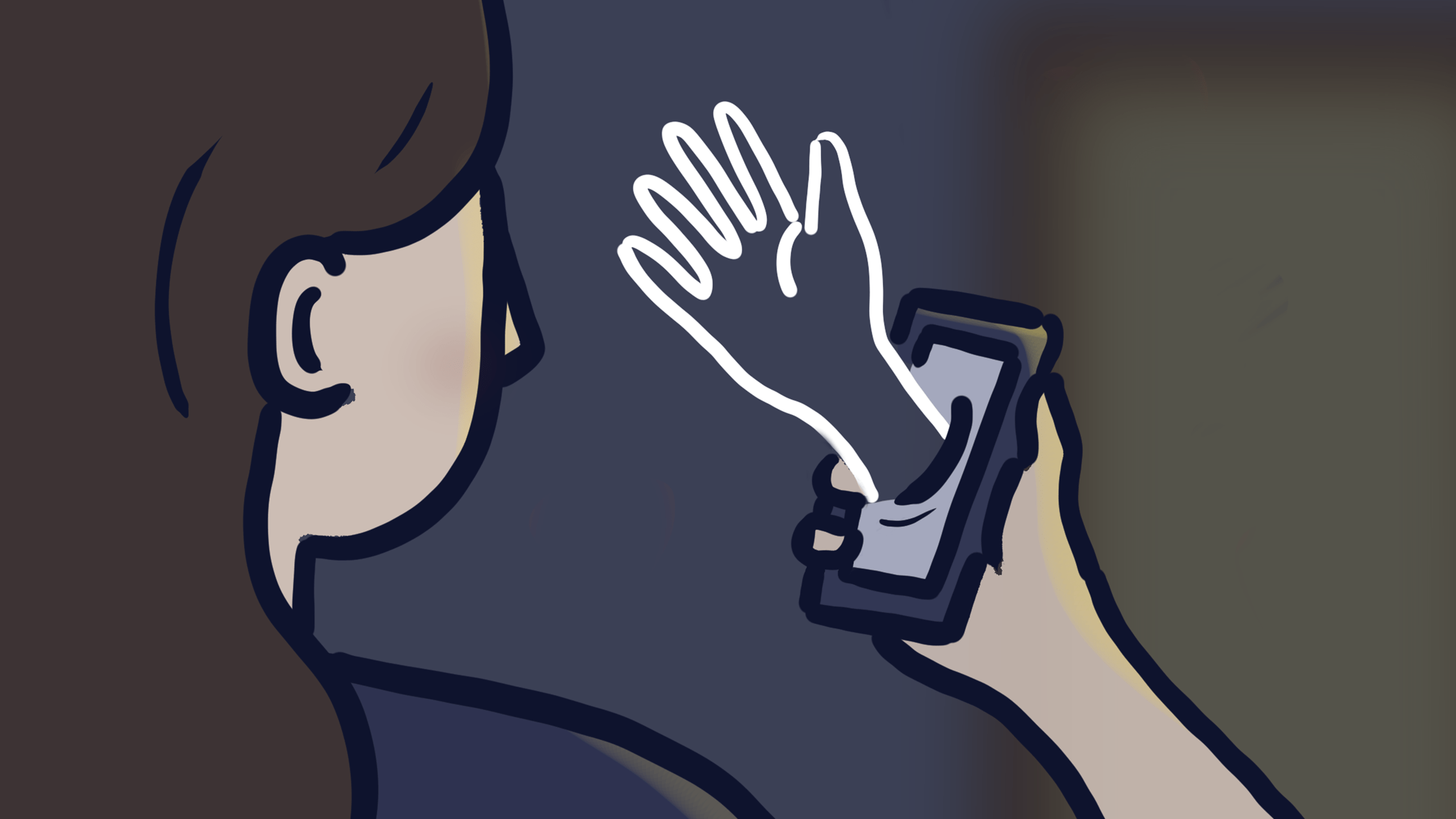 A person looking at their cellphone in a dark room as a phantom hand reaches through the screen.