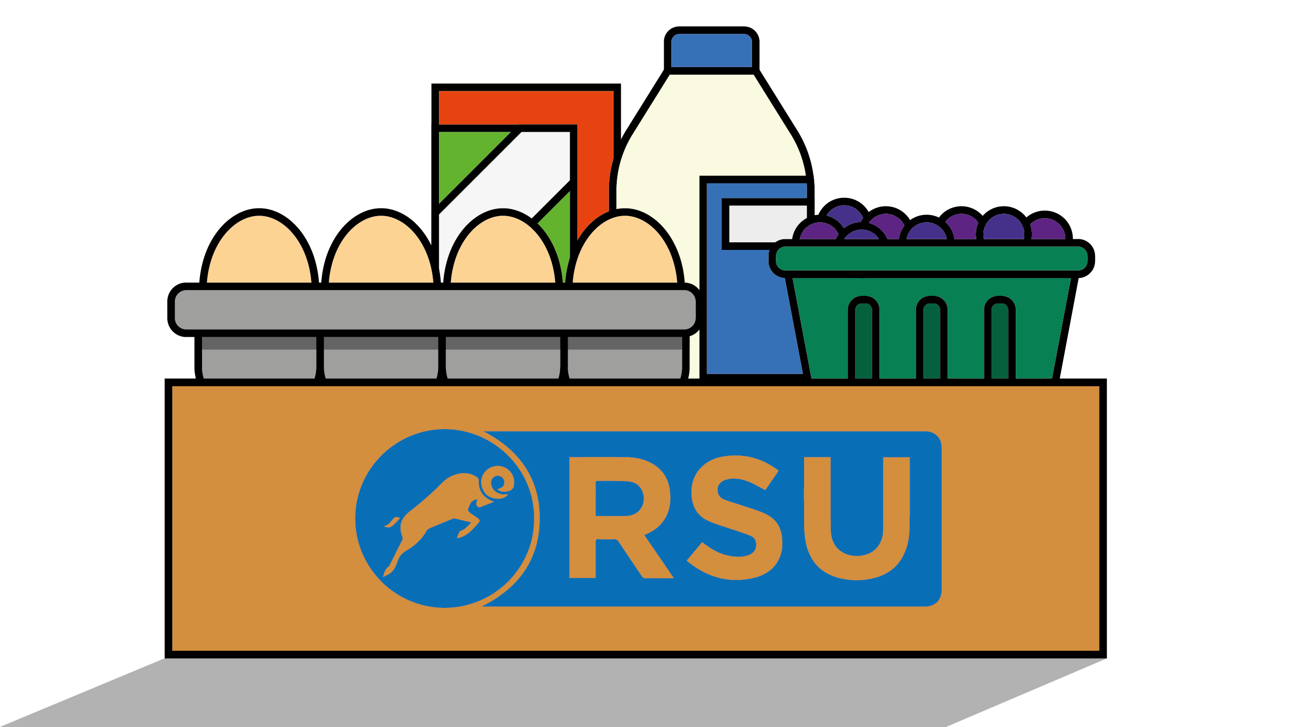 Various groceries in a cardboard box with the RSU logo on it.
