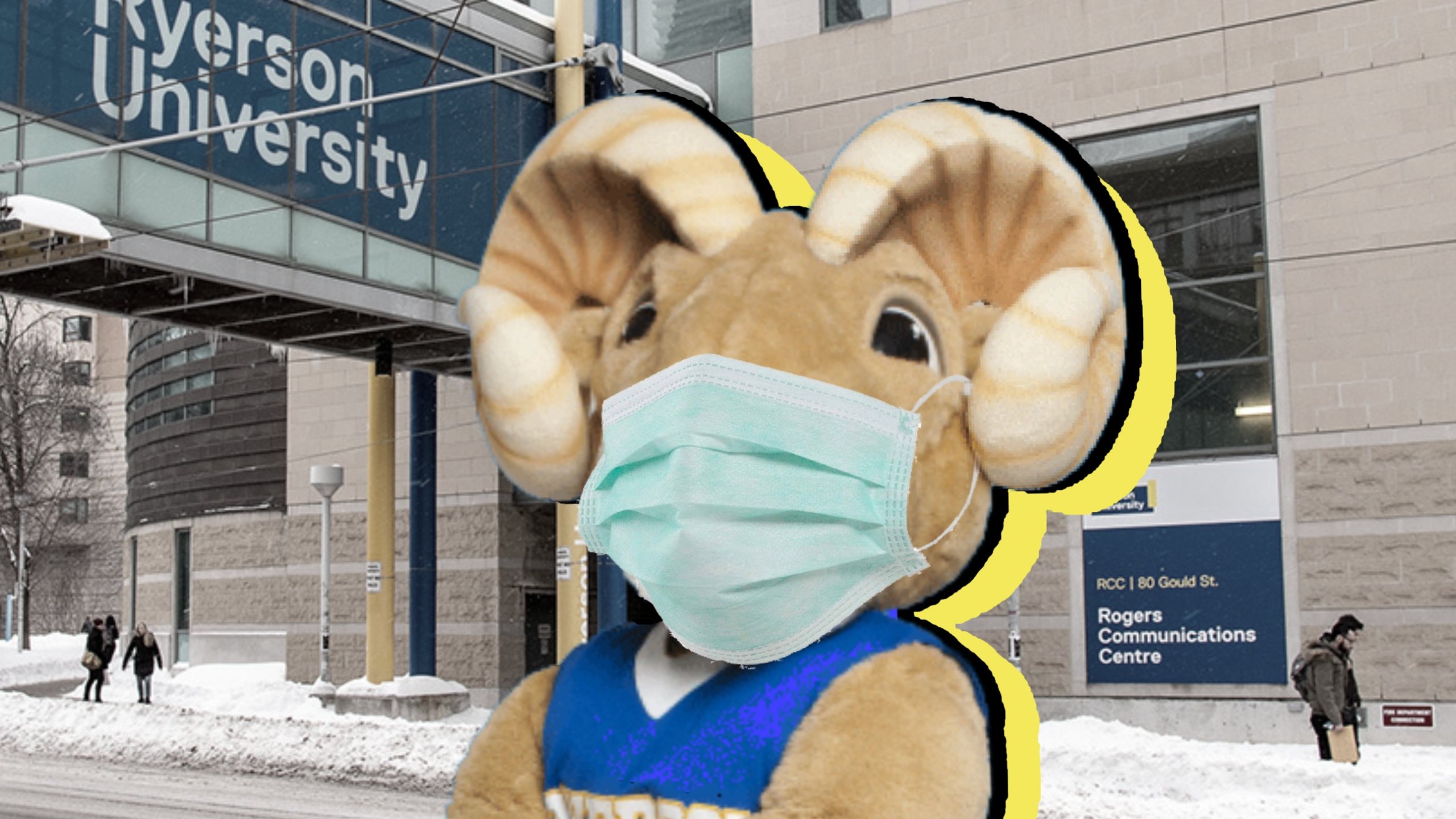 A mascot of a ram with a surgical mask over it's mouth, standing in front of a building.