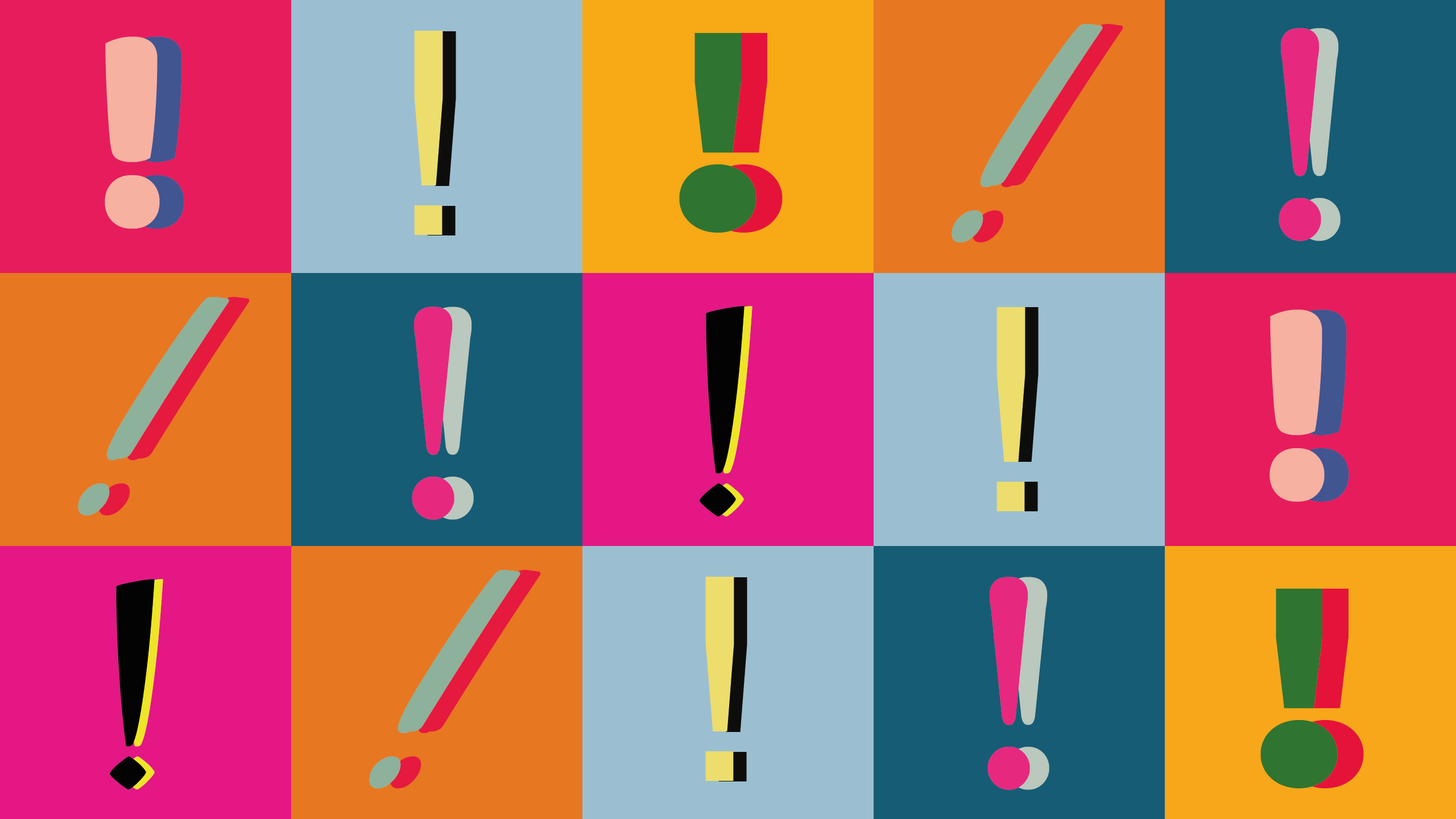 A collage of colourful exclamation marks.