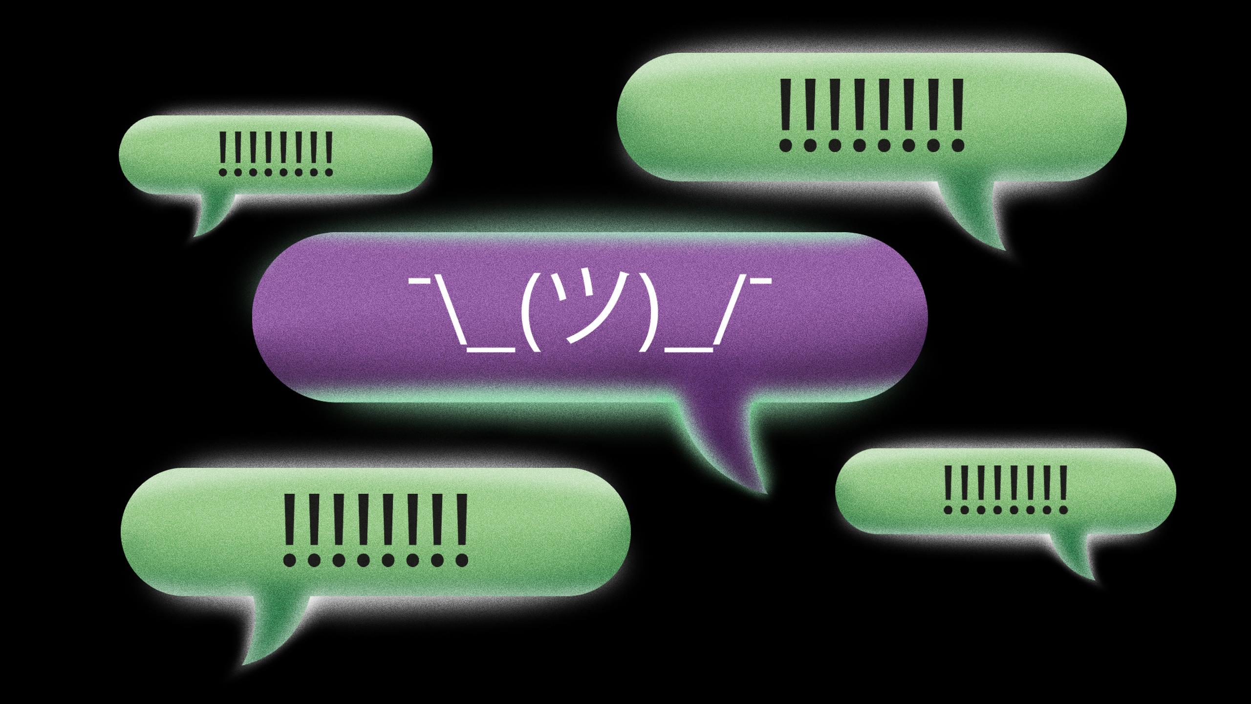 A text bubble with the shrug emoji surrounded by text bubbles with exclamation marks.