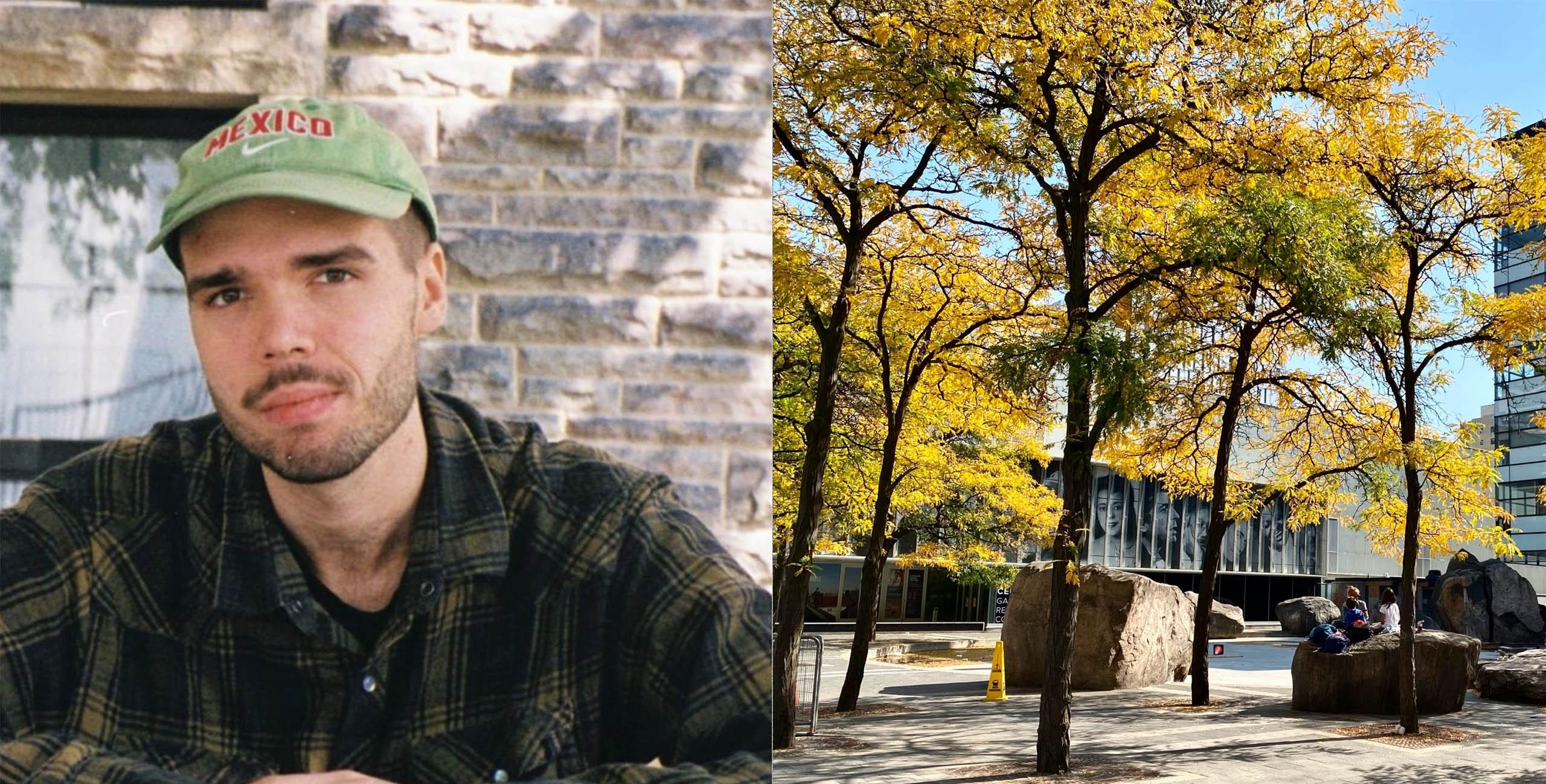 A person wearing a green baseball cap and a green flannel aside trees near the Lake Devo area.