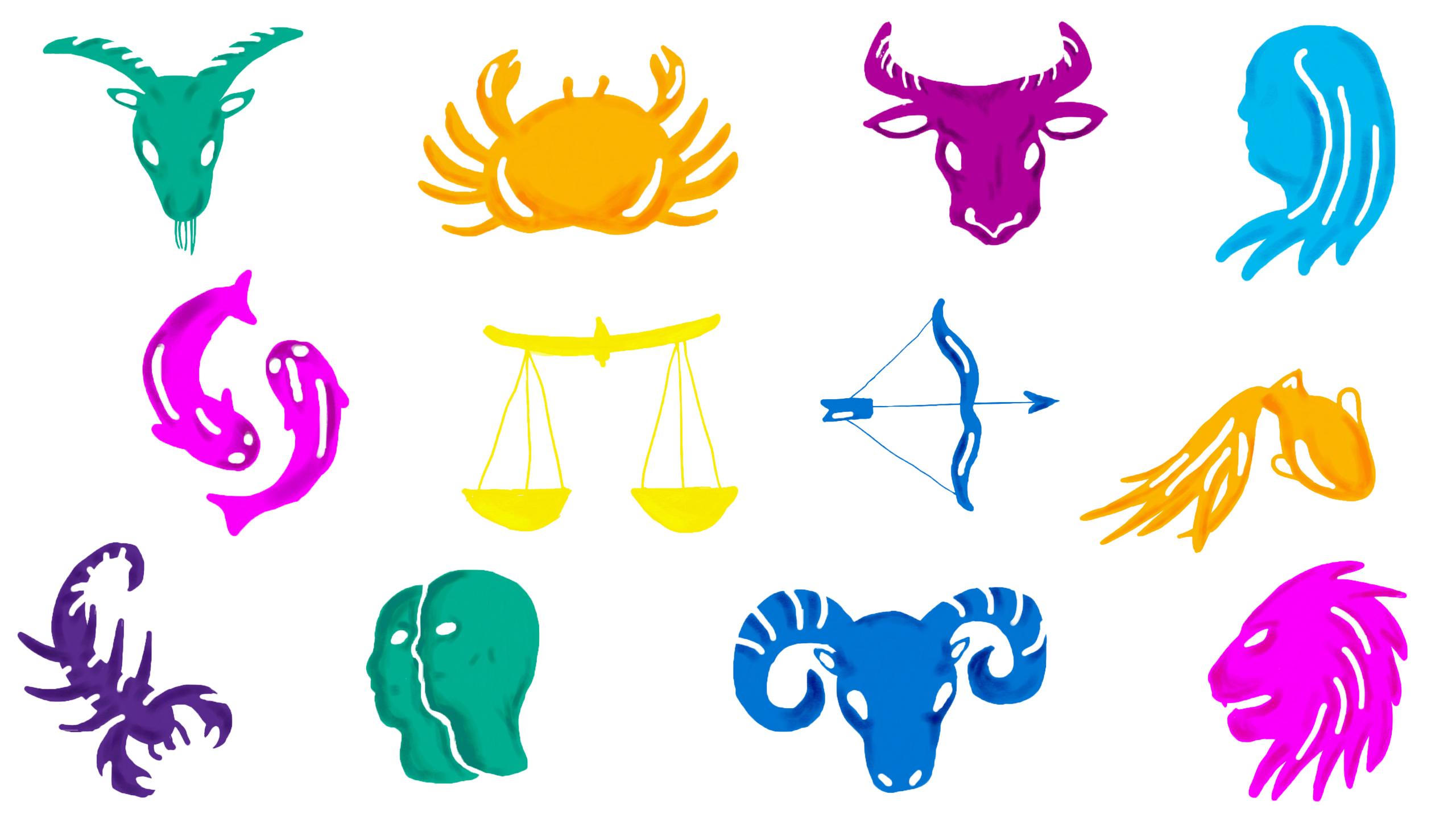 Multi-coloured illustration of the different zodiac sign symbols