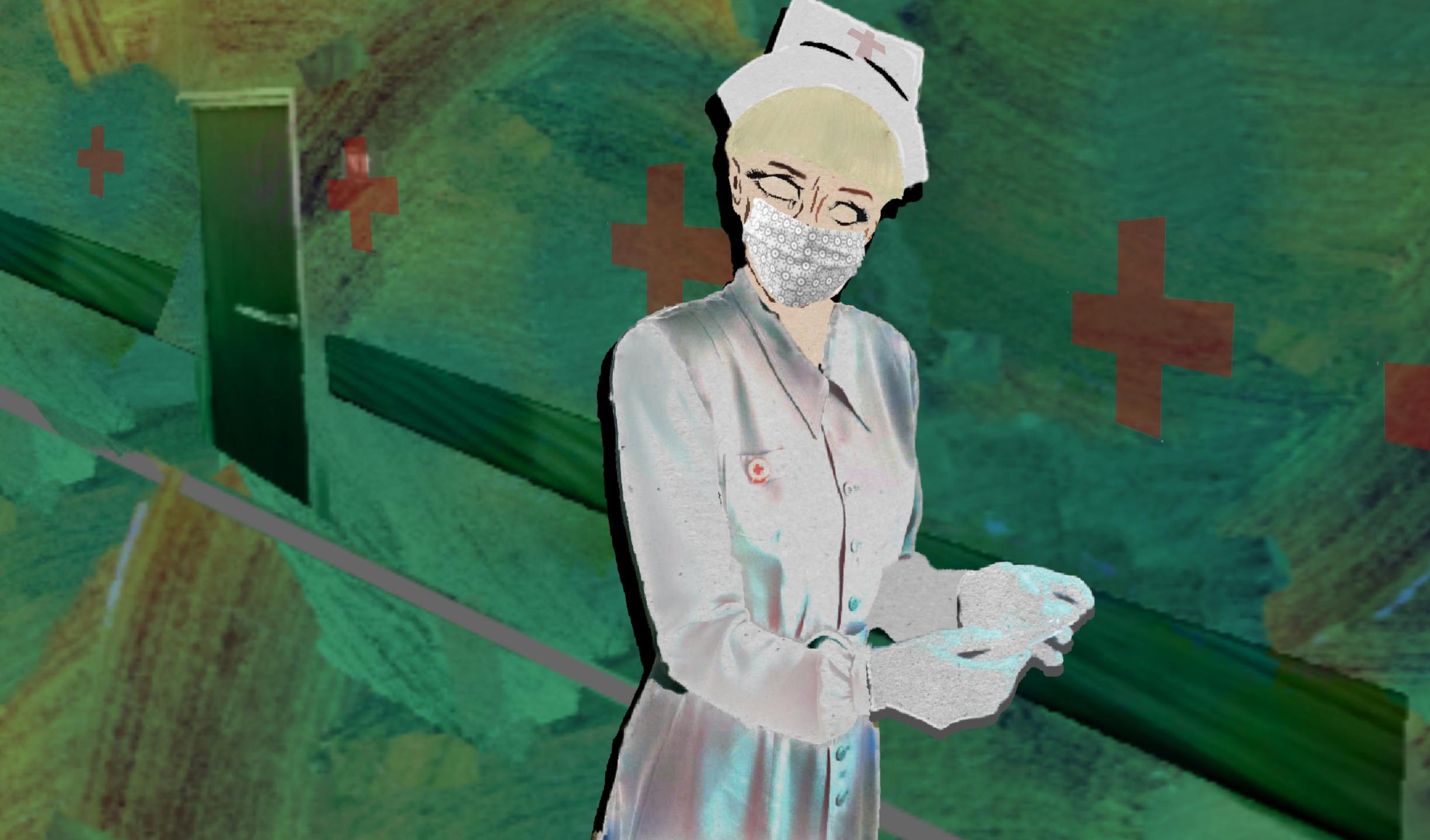 Nurse walks down a hallway with teal walls.