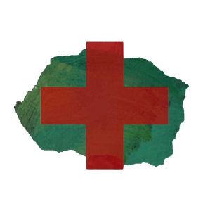 A red cross on top of a brushstroke of teal paint.