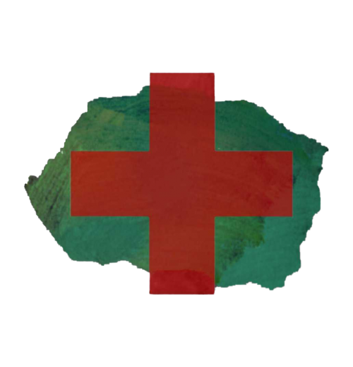 A red cross on top of a brushstroke of teal paint.