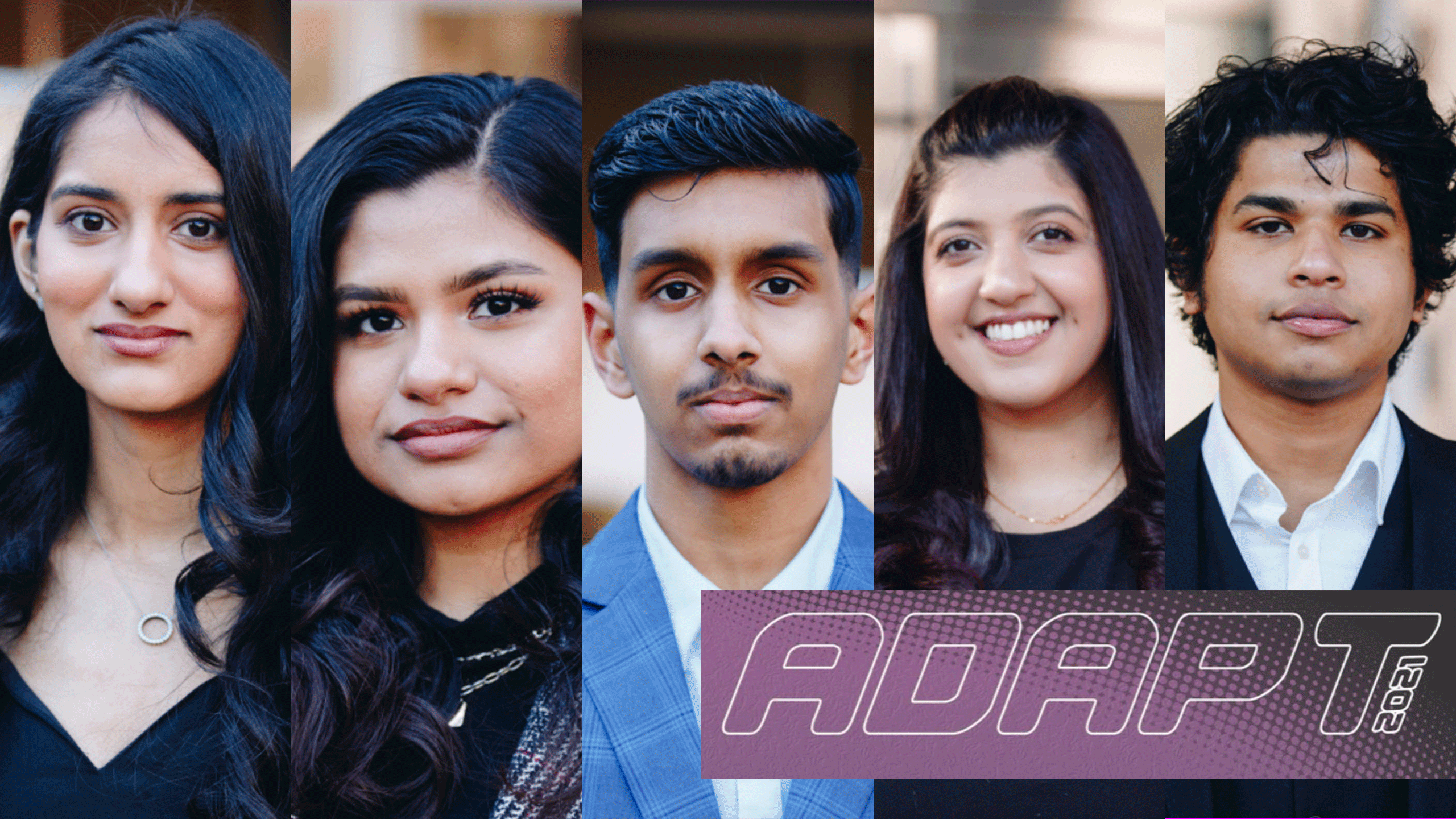 Five students running for the Adapt slate in the RSU elections. Logo in the bottom right corner that has white outlined text that reads "Adapt" in all caps on a purple background.