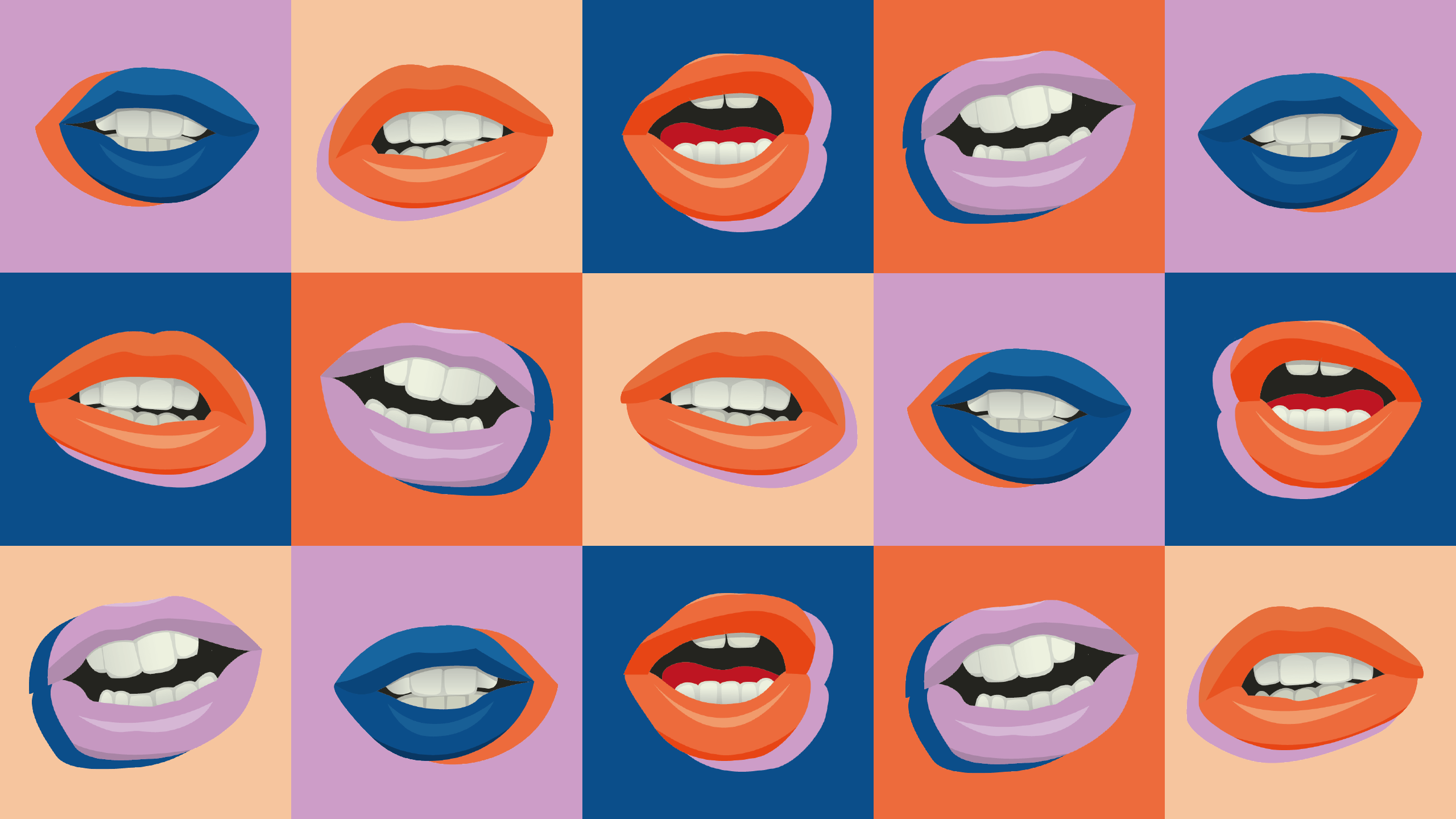 Brightly coloured lips in blue, cream, blue and red squares