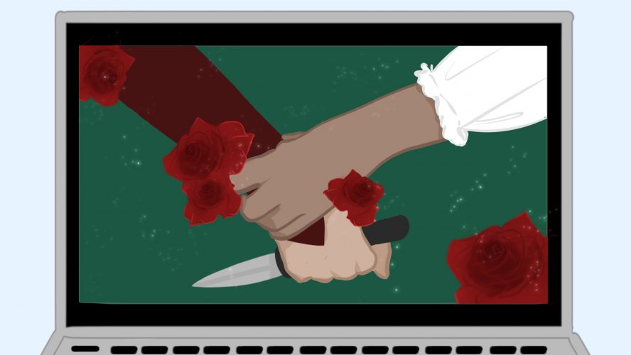 Illustration of a computer screen showing a couple holding hands, with one hand holding. knife, surrounded by roses