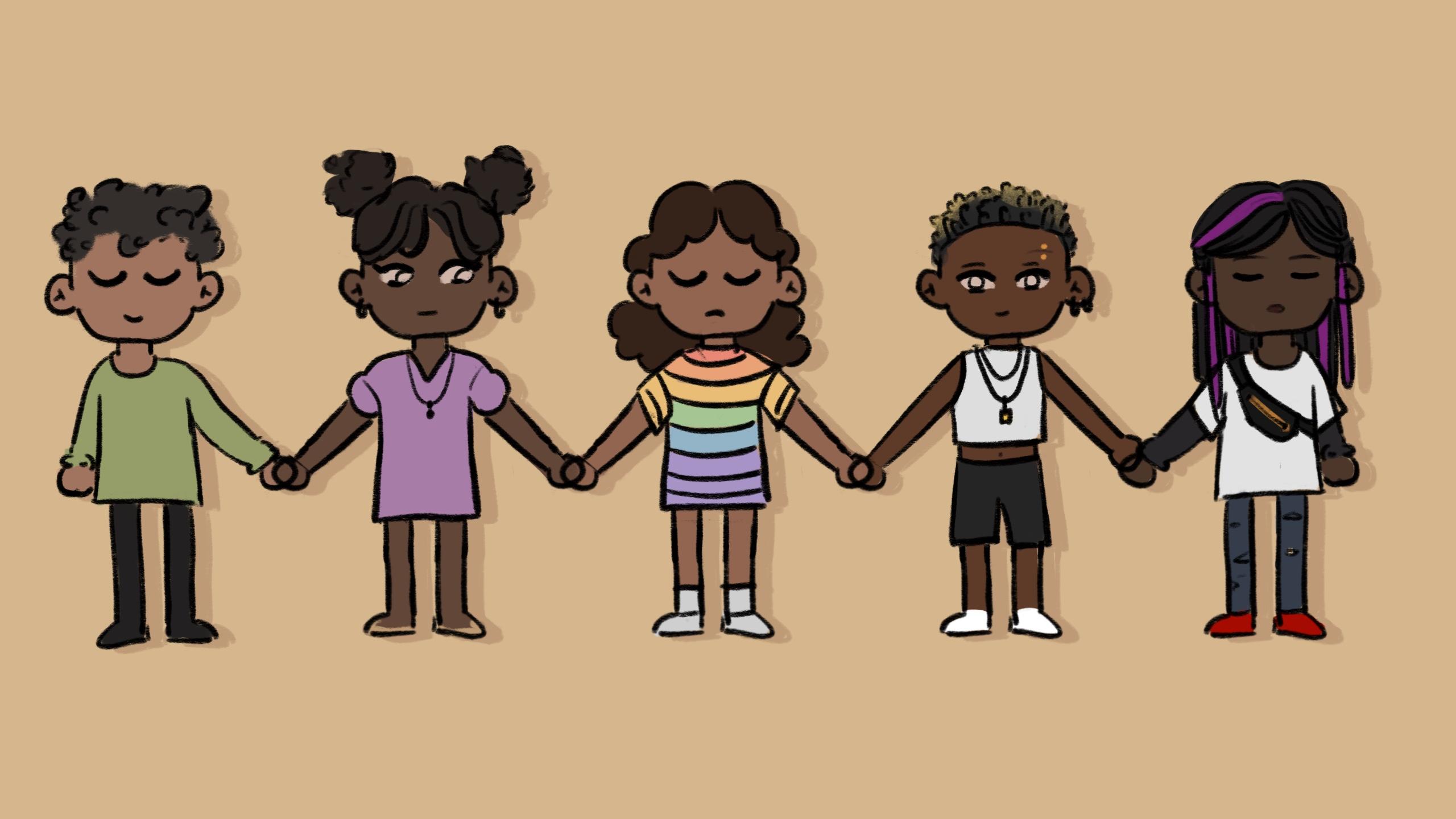 Illustration of 5 Black people holding hands.