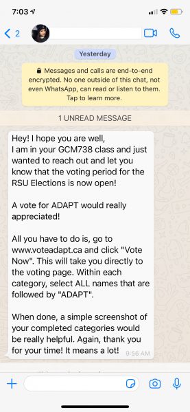 WhatsApp messages sent by an Adapt candidate to an Eyeopener masthead member