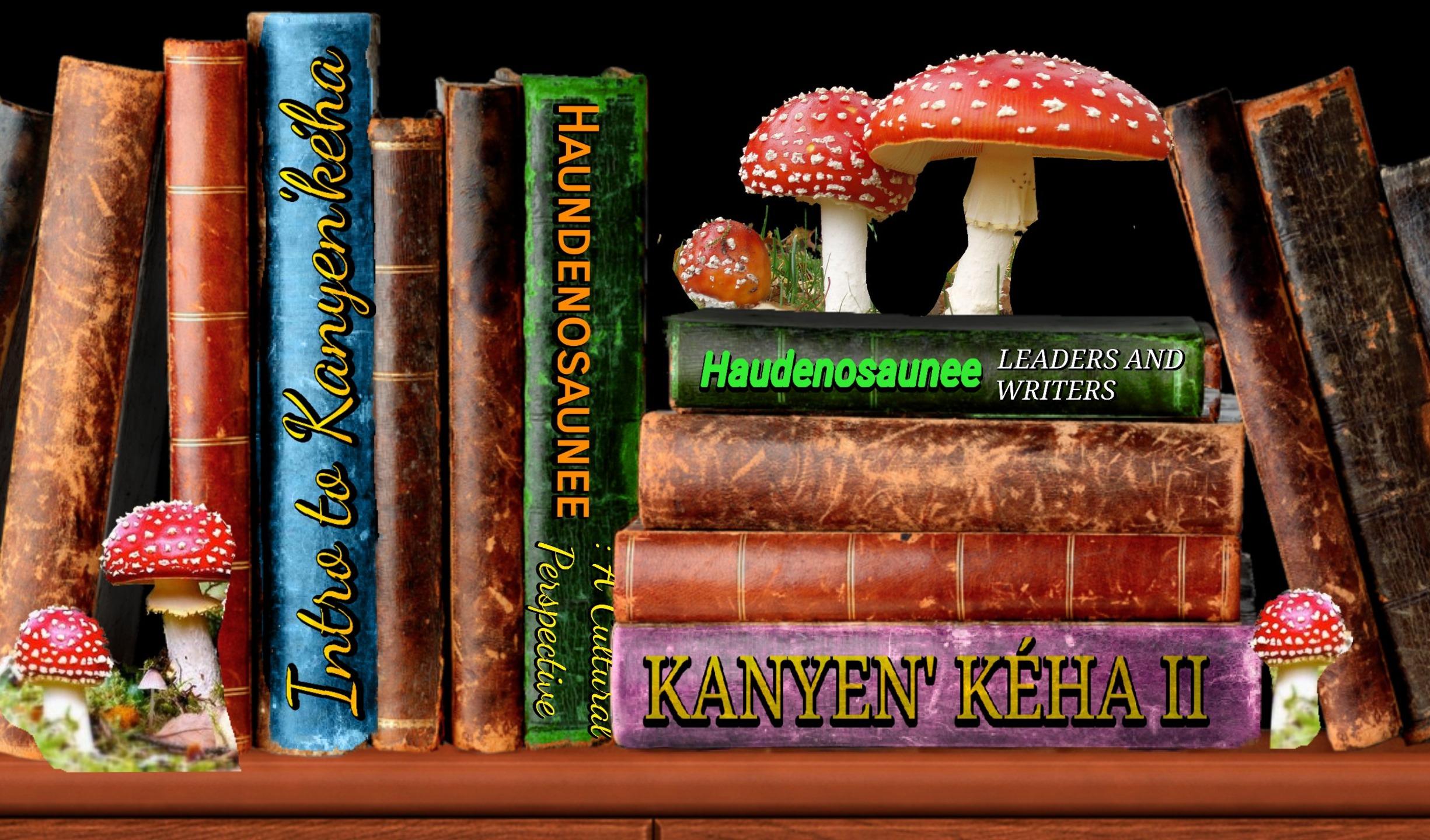 A bookshelf filled with old books that have some red mushrooms placed on top.