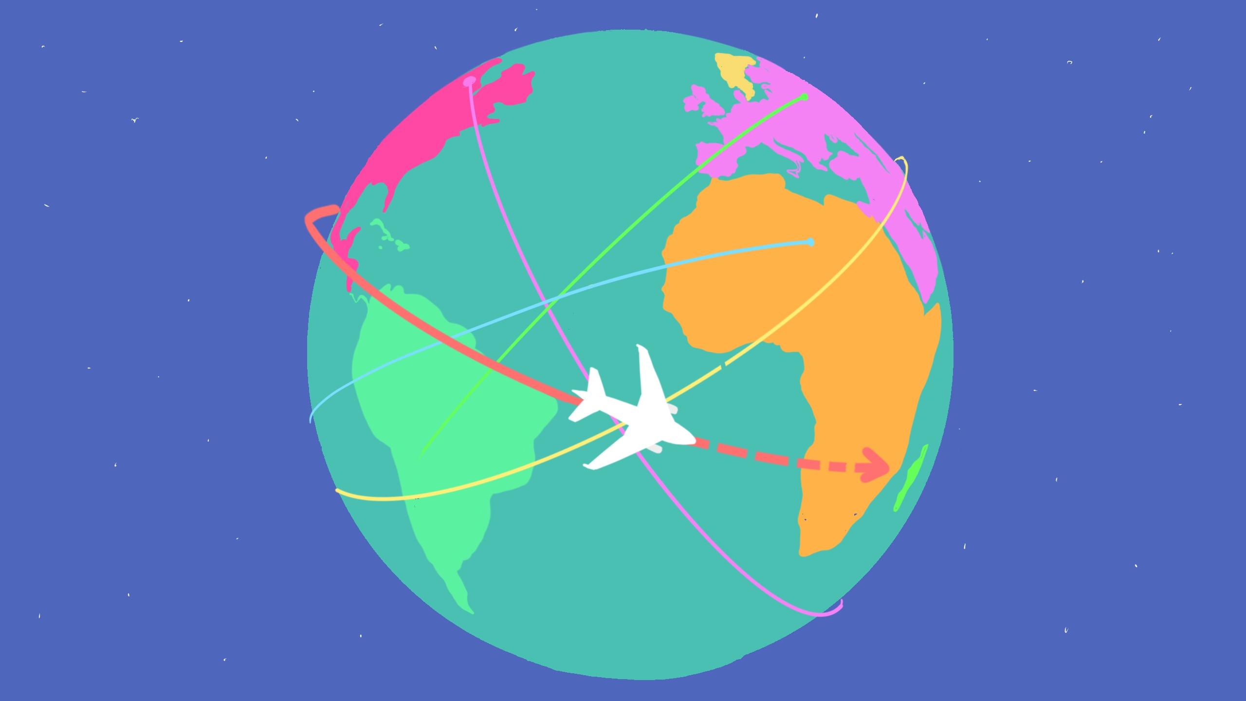 Illustration of a globe with a plane travelling across it