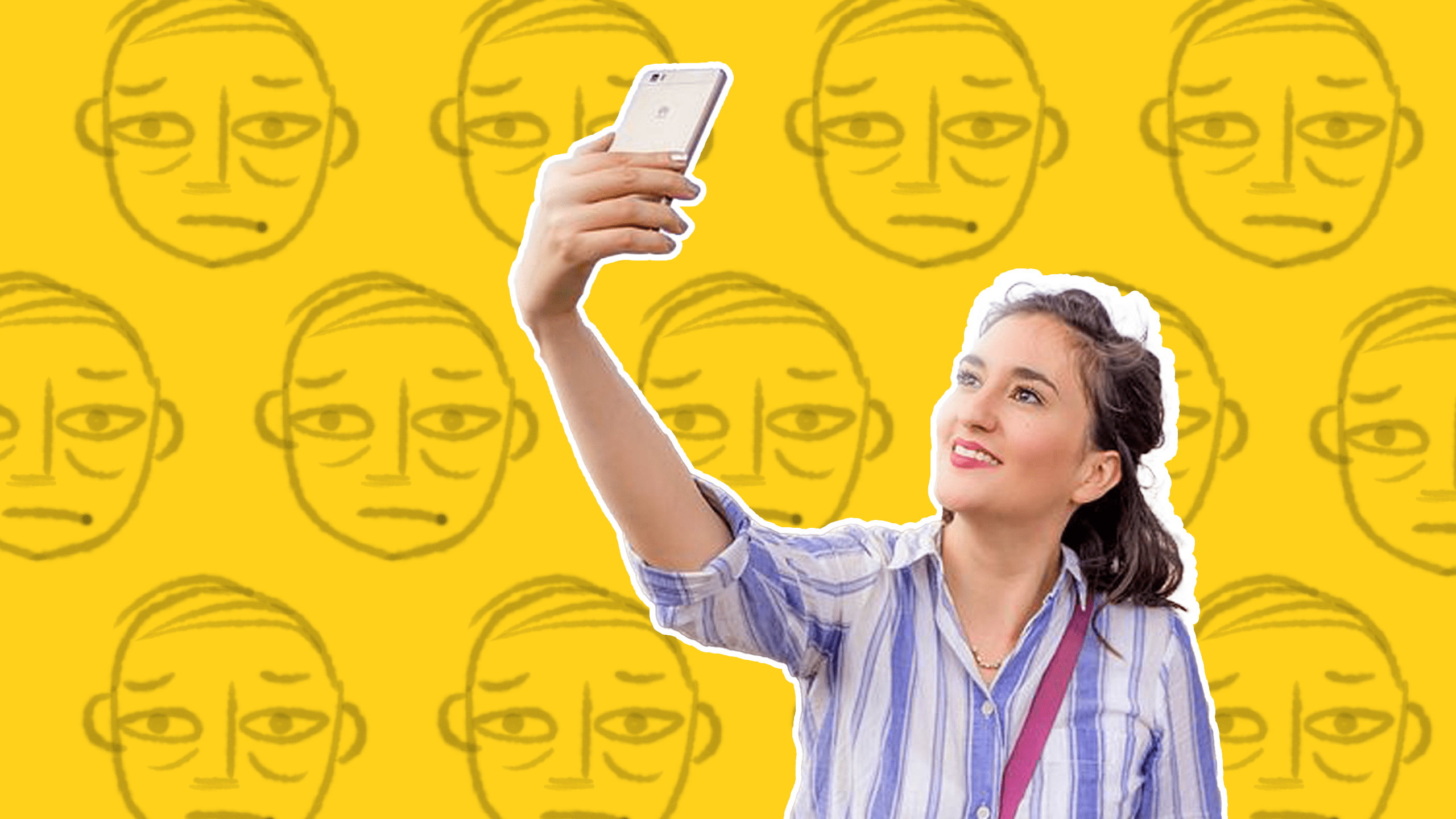 A woman taking a selfie with a bunch of disapproving faces behind her.