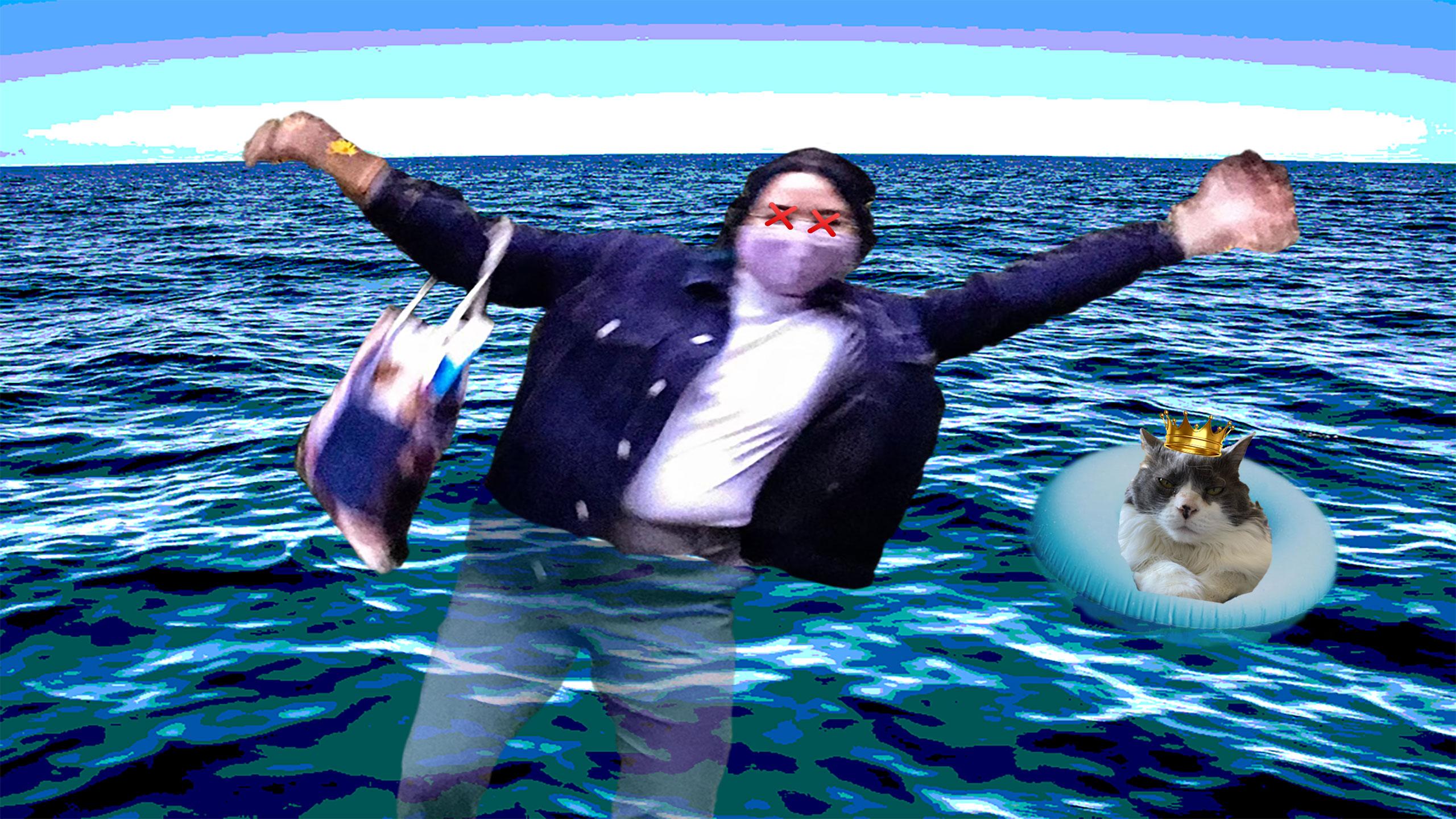 Photoshopped image of outgoing editor-in-chief Catherine Abes flailing her arms while drowning in a body of water. Catherine's cat Bella looks on beside her in a floaty.