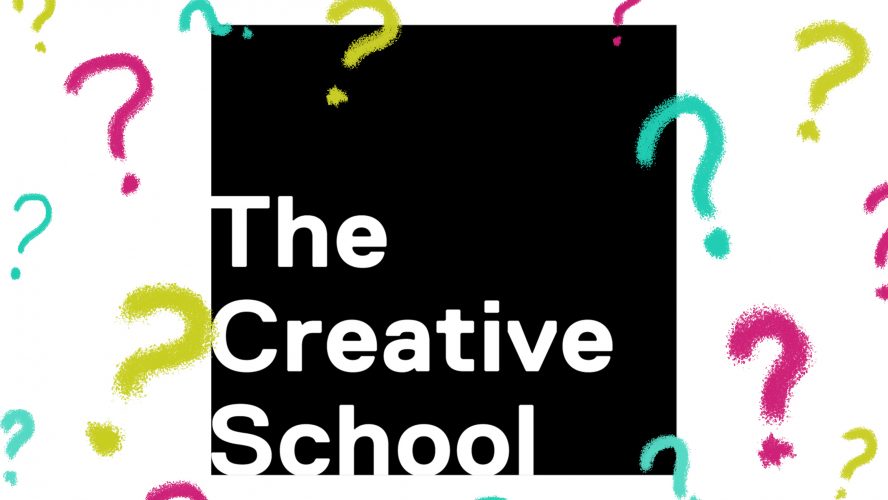 a picture of the creative school logo, surrounded by colourful question marks.