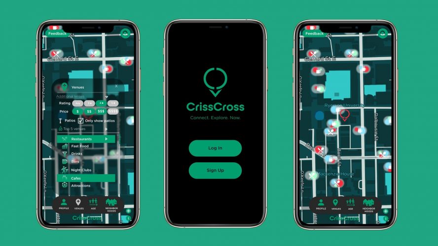 Three phones showing the CrissCross app features