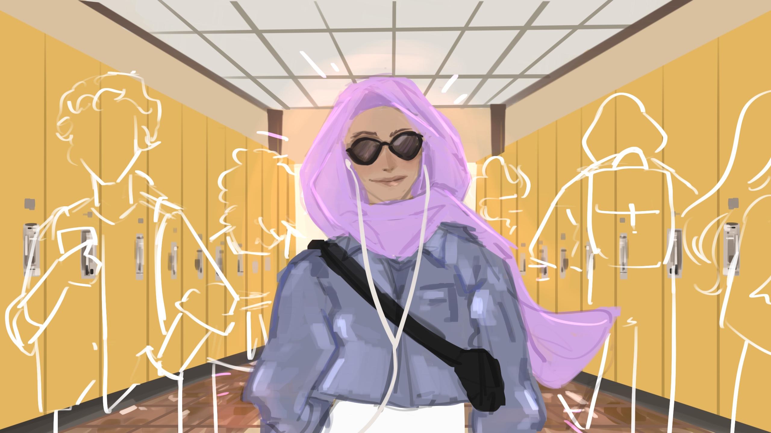 Woman wearing purple hijab listening to music with faded people in a school hallway