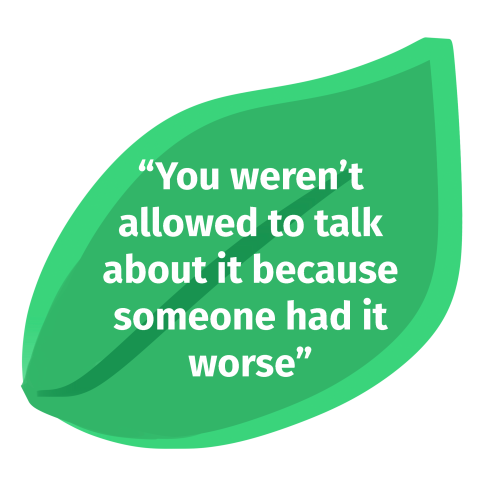 An illustration of a leaf. There is text on top that says, "“You weren’t allowed to talk about it because someone had it worse,”“You weren’t allowed to talk about it because someone had it worse,”You weren't allowed to talk about it because someone had it worse." 