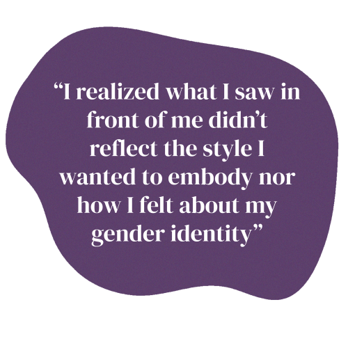 This is a purple shape. There is text on it that says "I realized what I saw in font of me didn't reflect the style I wanted to embody nor how I felt about my gender identity"