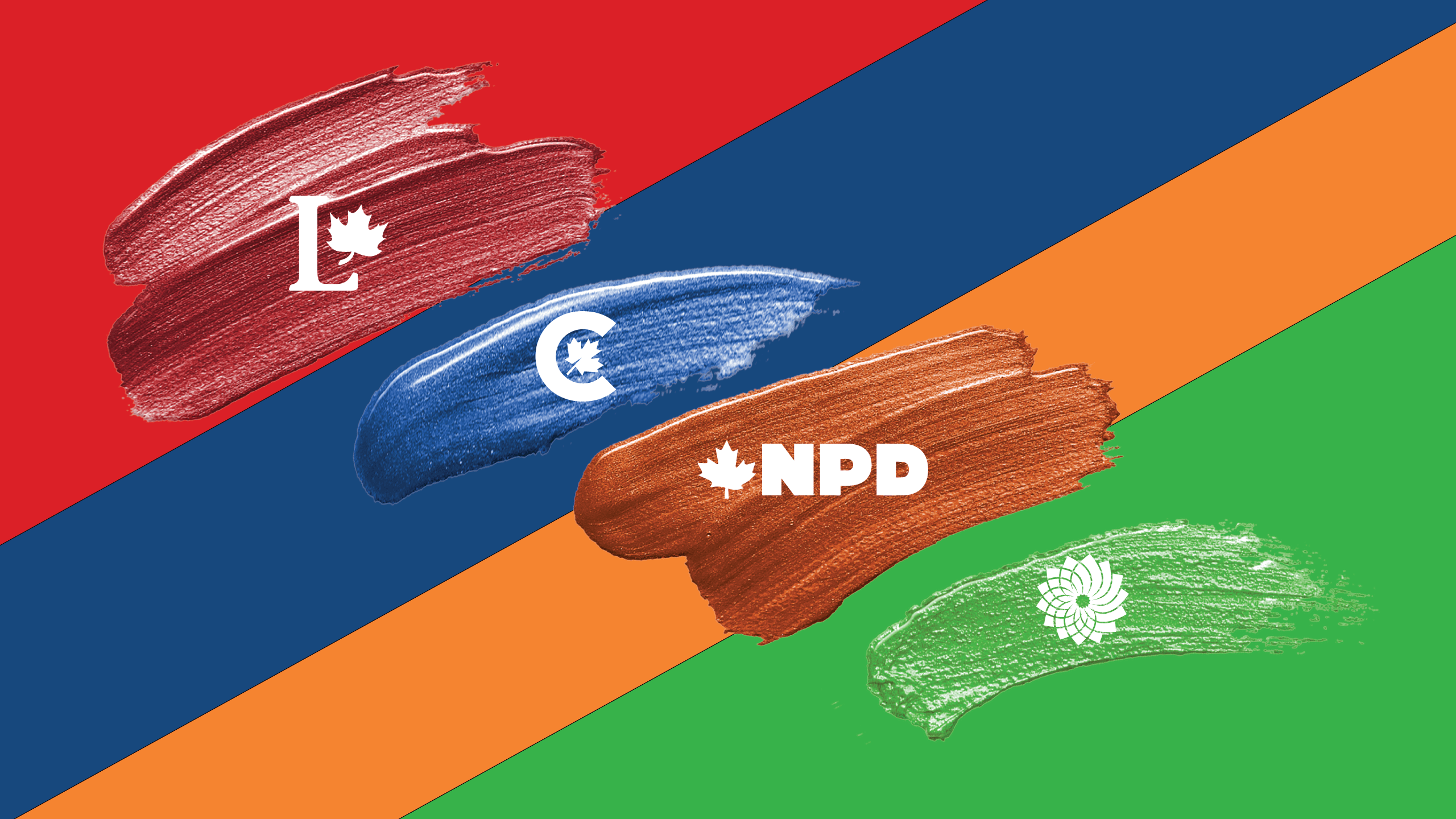 Paint swatches of red, blue, orange and green, each with their corresponding party logos on top: Liberal, Conservative Party of Canada, New Democratic Party and Green Party, respectively. Again, with the corresponding colours, the background consists of diagonal swatches of the party colours.