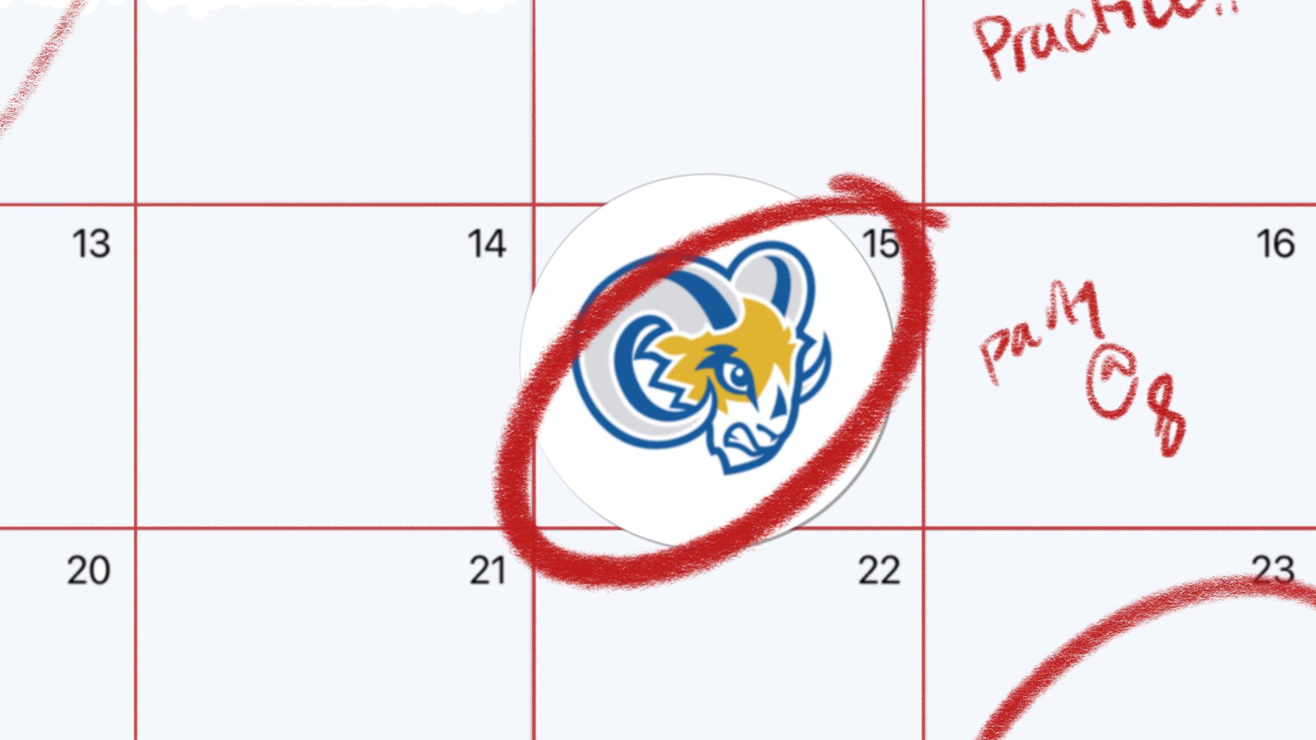A Rams logo sticker on a calendar with a red circle around that date
