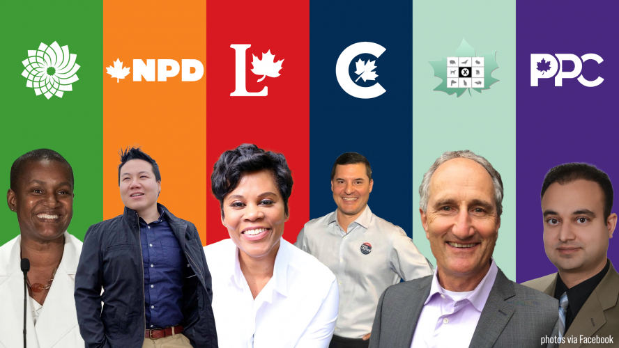 Collage of photos of six of the Toronto Centre M P candidates