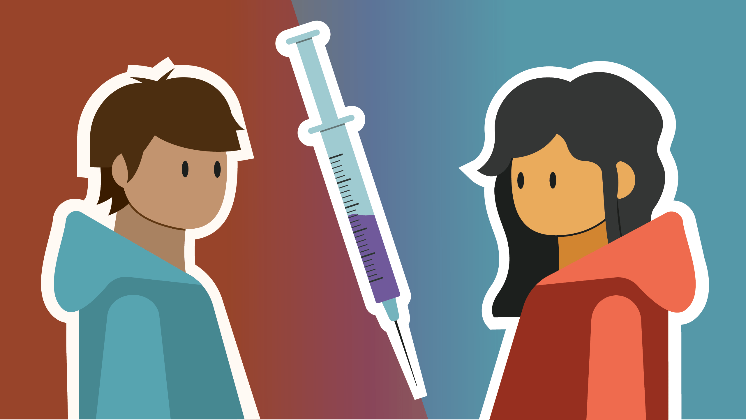 two people on opposite side of a vaccine needle looking at each other