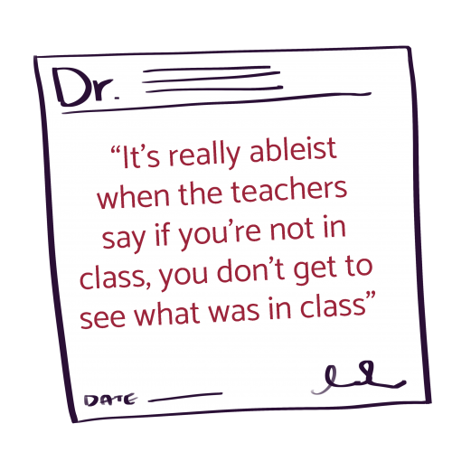 A doctor prescription paper with a quote from the story. The quote says. "It's really ableist when the teachers say if you're not in class, you don't get to see what was in class."