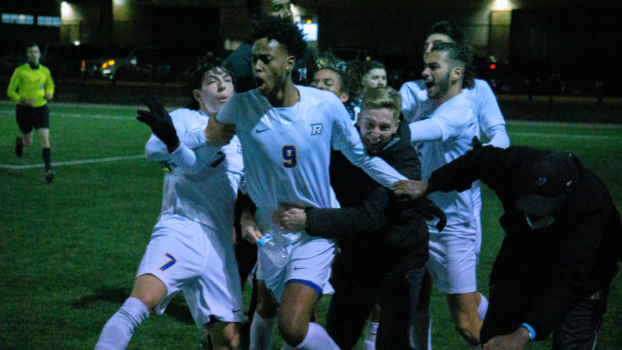 The Rams men's soccer team celebrates its late game heroics