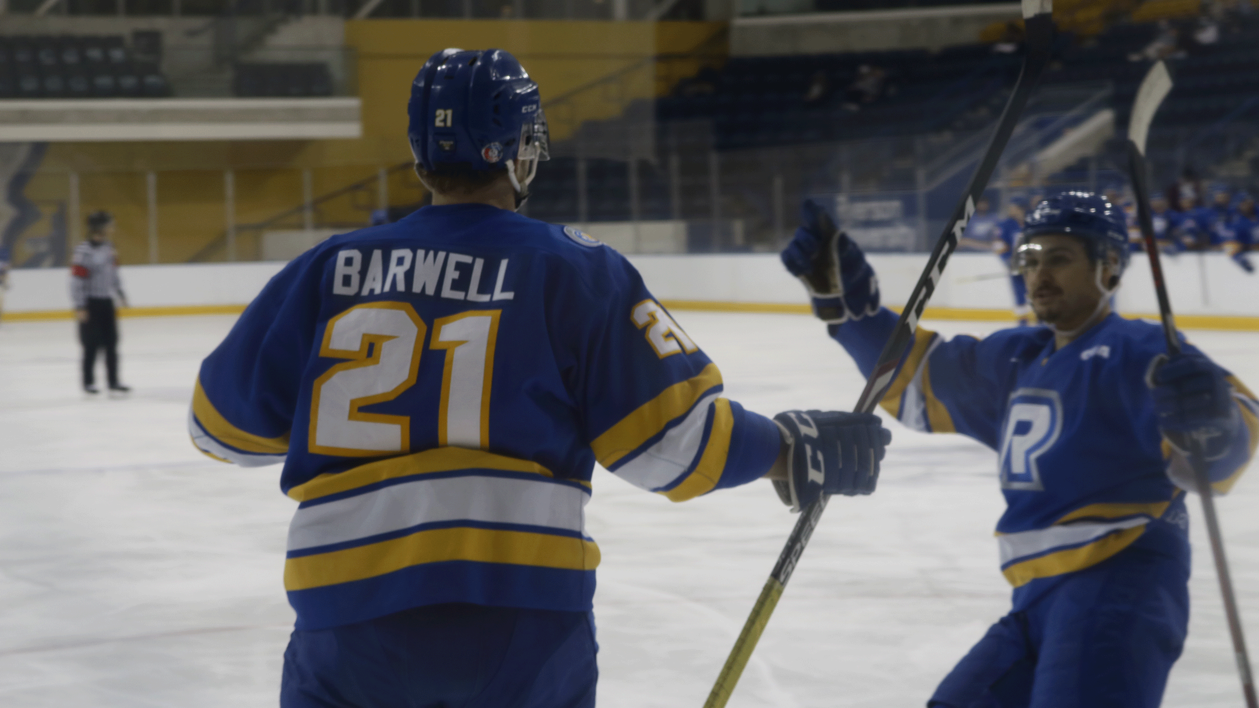A hockey player in a blue jersey celebrates a goal