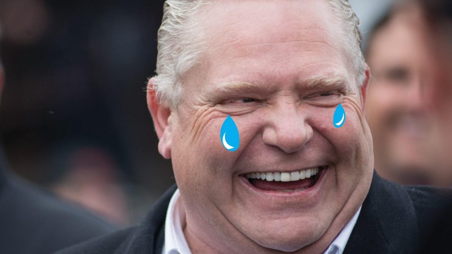 Ontario premier doug ford with illustrated tears falling on his cheeks