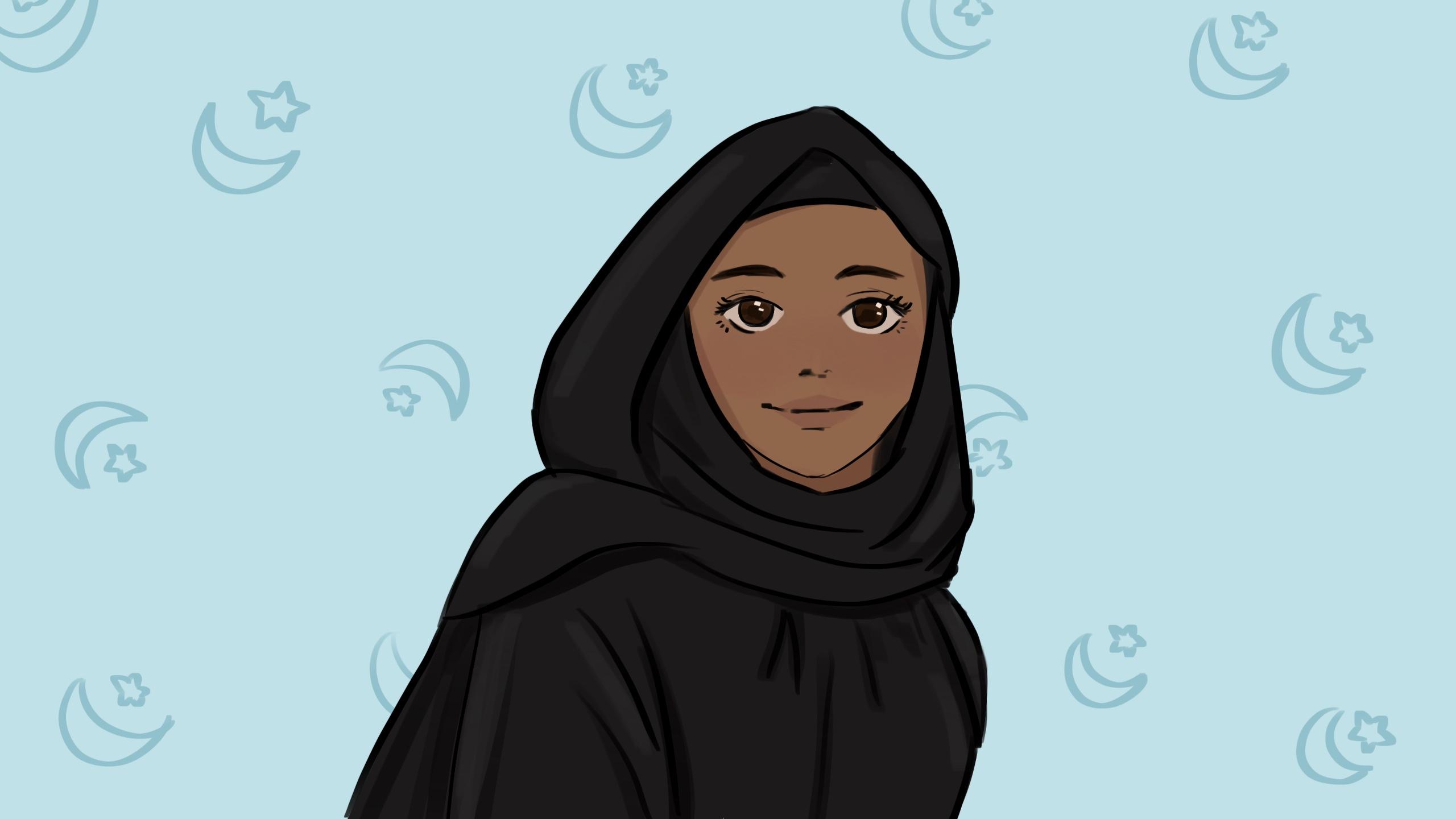 Brown Muslim woman wearing Abaya with a blue background, small crescent moons and starts surround her.