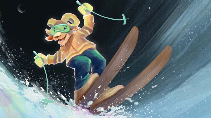 Eggy the Ram skiing on colourful snow, the crescent moon shining behind him.