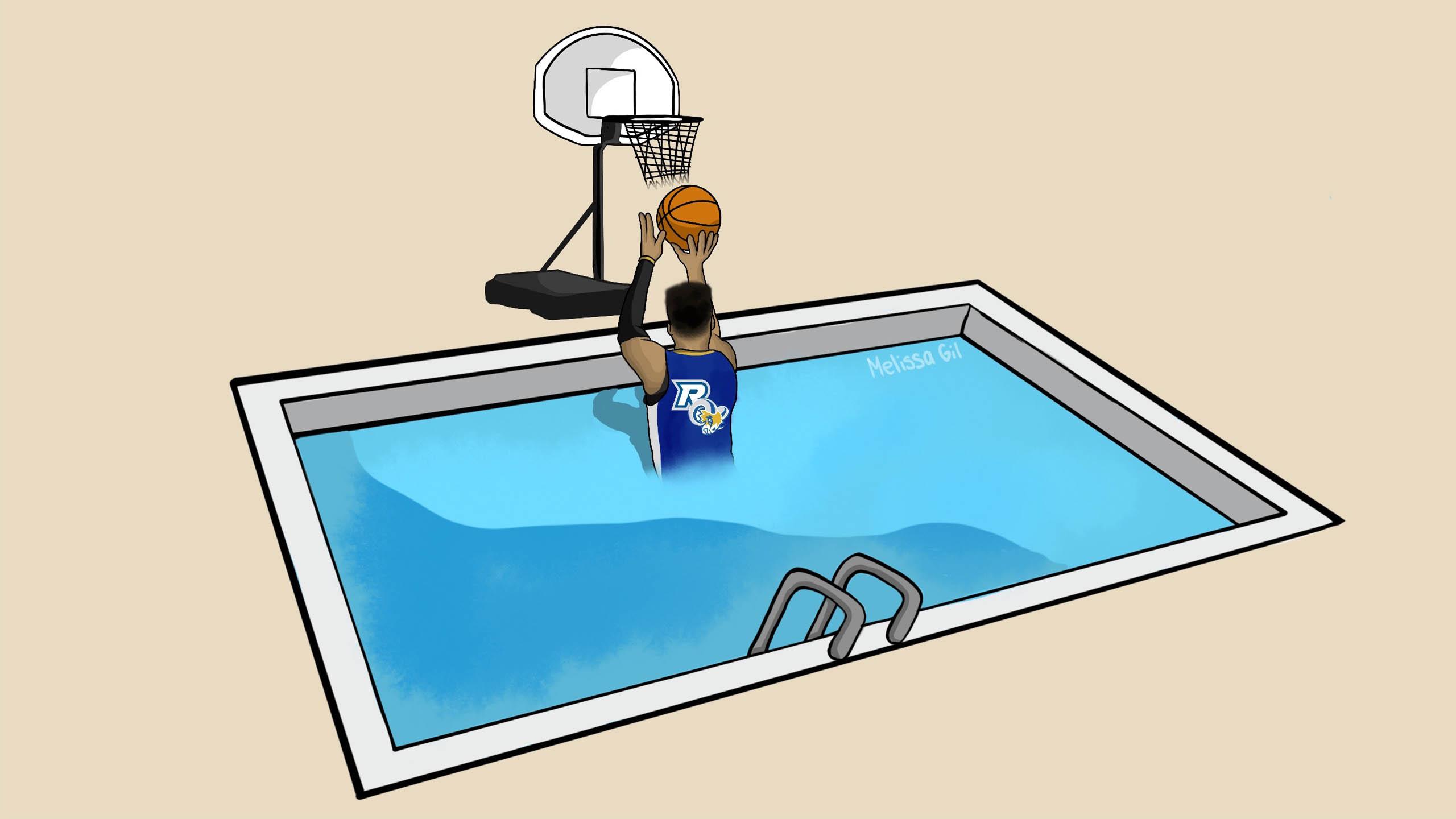 Person in a pool, shooting basketball into hoop