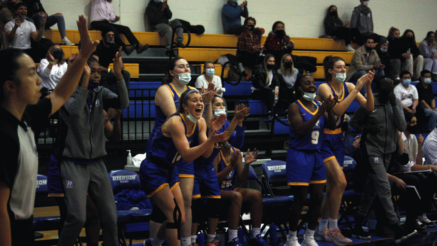 The Rams women's basketball team celebrates a made basket