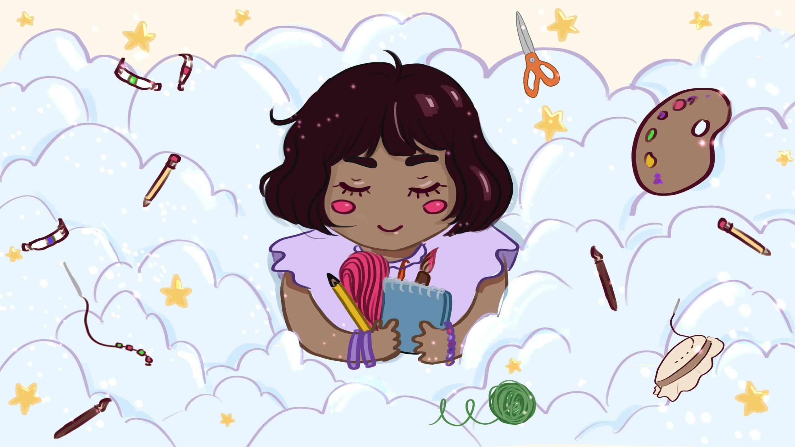 Person sitting in between clouds, hugging a sketch pad, ball of yarn, paint brush, and pencil. In between the clouds are paint tubes, pencils, yarn and other artistic material. There are sparkles everywhere.