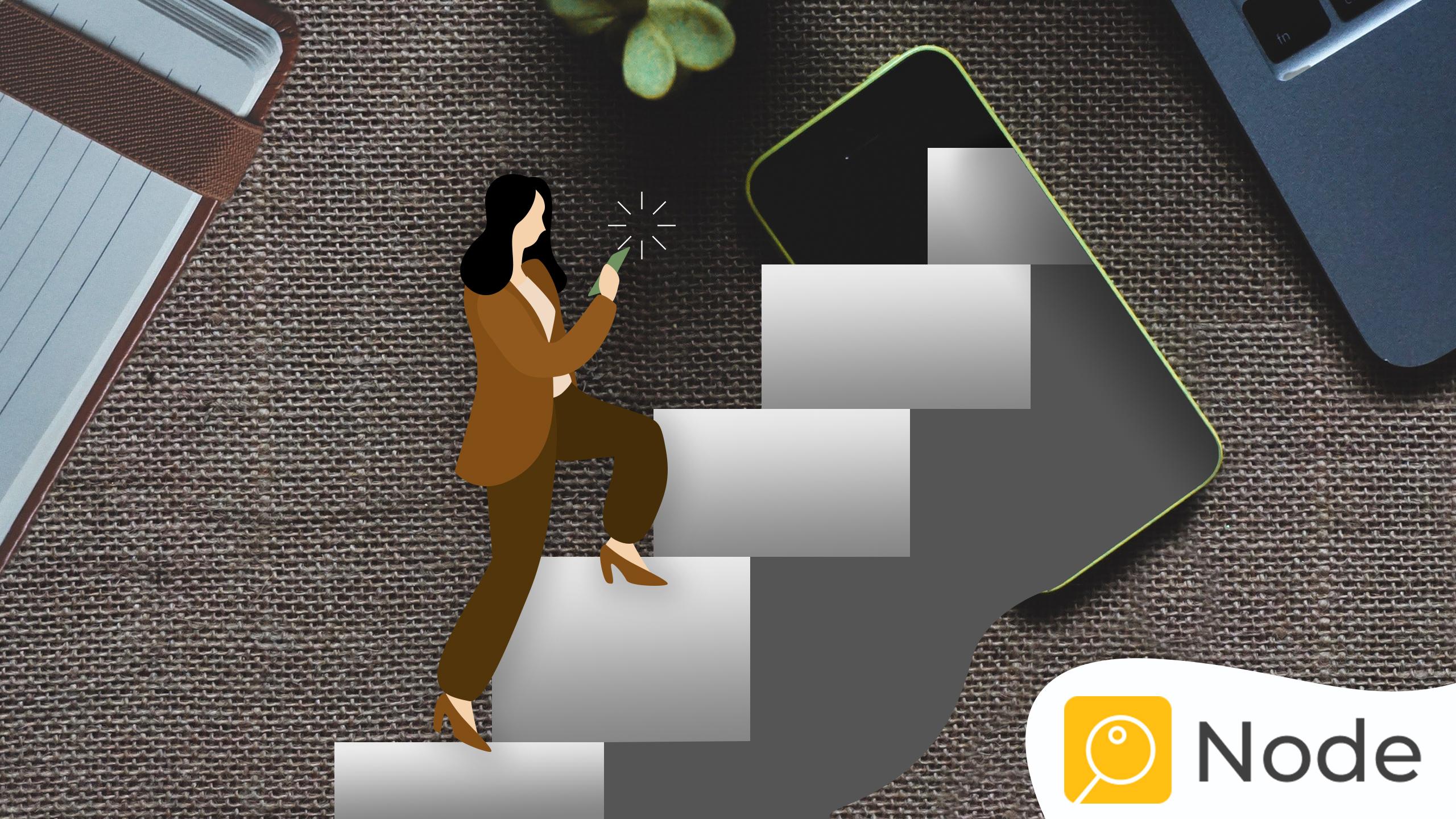 A cartoon woman walking up stairs into a phone screen while looking on her phone