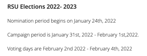 White background with black text that reads, "RSU Elections 2022- 2023 Nomination period begins on January 24th, 2022 Campaign period is January 31st, 2022 - February 1st,2022. Voting days are February 2nd 2022 - February 4th, 2022."