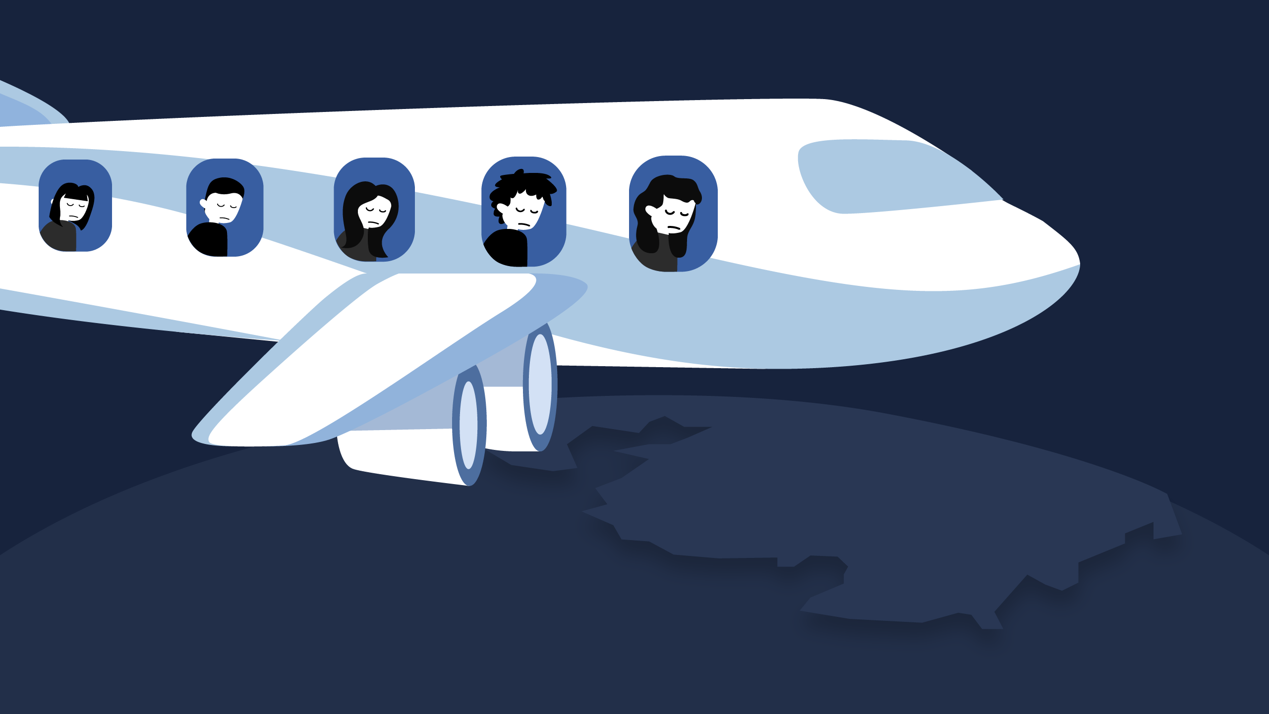 an airplane flying over the globe with sad students in the windows