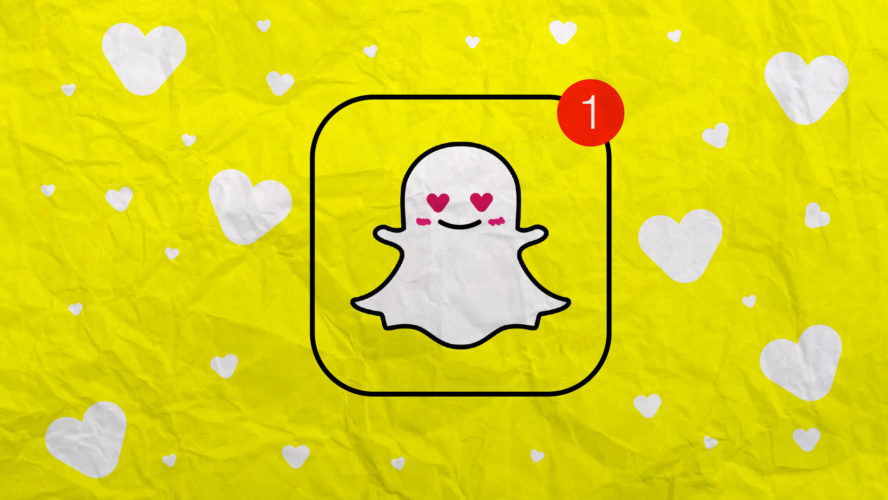 snapchat app icon in the middle with a notification icon with a 1 with hearts surrounding the app