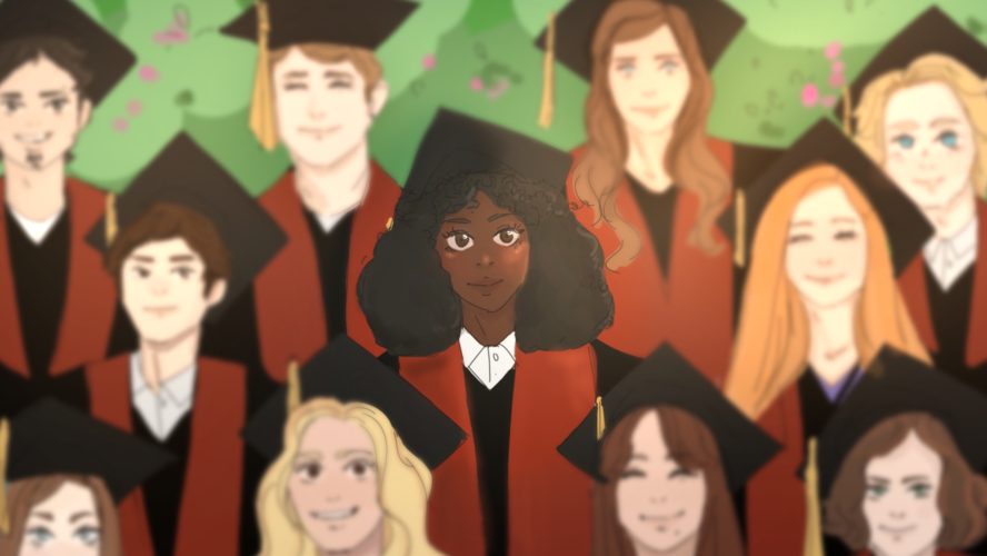 A graduation class picture, one black student in the centre surrounded by white students.