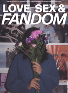A person in a blue sweater holding a bouquet of flowers placed under white text that reads love, sex and fandom. White text above that reads Volume 55, Issue 7, theeyeopener.com, February 9, 2022.