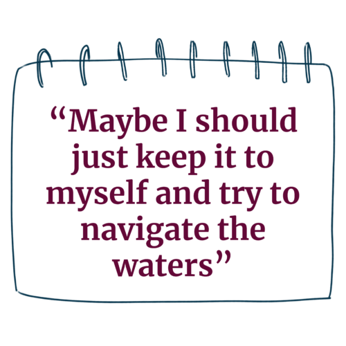 A notepad paper that says "Maybe I should just keep it to myself and try to naviagte the waters"